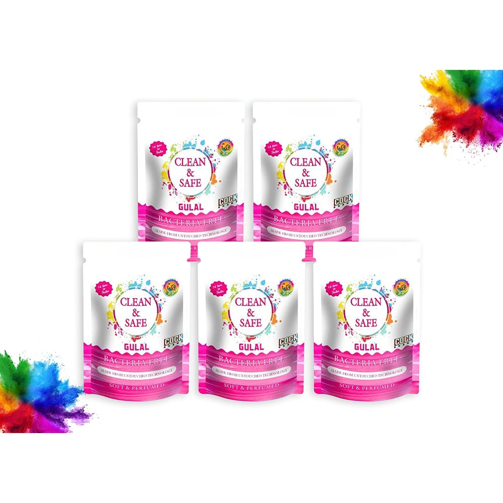 Cock Brand Clean and Safe Gulal Pink (Pack of 5) | Bacteria-Free gulal